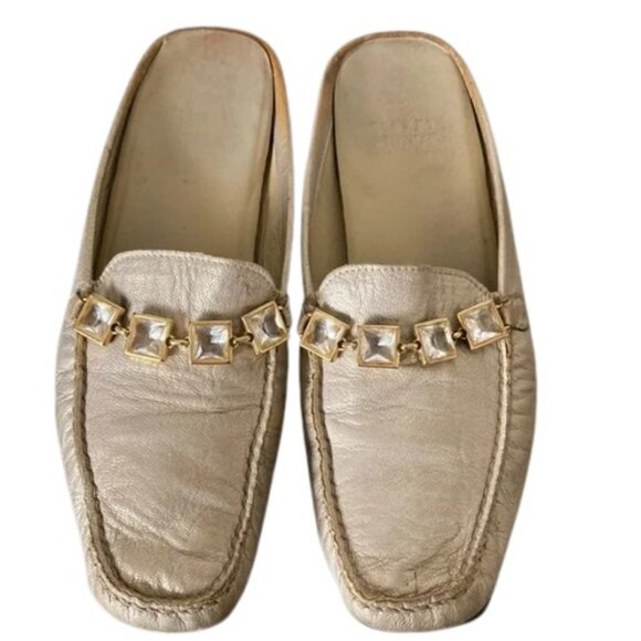 Stuart Weitzman gold/cream leather moccasin mules size 6.5 - Picture 1 of 16
